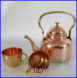 Pure Copper Tea Pot, Copper Kettle With 2 Serving Tea Cups Set Gifts For Father