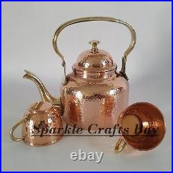 Pure Copper Tea Pot, Copper Kettle With 2 Serving Tea Cups Set Gifts For Father