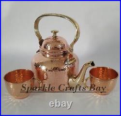 Pure Copper Tea Pot, Copper Kettle With 2 Serving Tea Cups Set Gifts For Father
