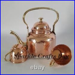 Pure Copper Tea Pot Kettle With 4 Serving Tea Cups 2 Spoon Handicraft Gifts Sets