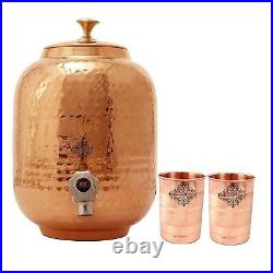 Pure Copper Water Dispenser Container Pot Matka, 2 Glass, 6.5 Litres, Set of