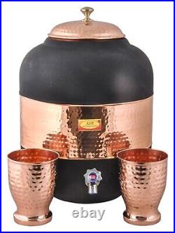 Pure Copper Water Dispenser Container Pot Matka with 2 Glass Tumblers, 12 litres