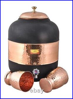 Pure Copper Water Dispenser Container Pot Matka with 2 Glass Tumblers, 12 litres