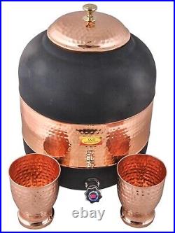 Pure Copper Water Dispenser Container Pot Matka with 2 Glass Tumblers, 12 litres