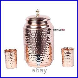 Pure Copper Water Dispenser Matka Vessels Pot 5 Liter, 5000 ML with Stand and 1