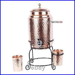 Pure Copper Water Dispenser Matka Vessels Pot 5 Liter with Stand and 2 Tumbler