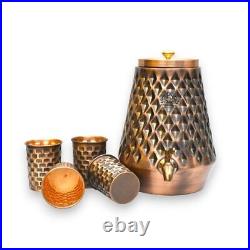 Pure Copper Water Dispenser Pot/Container Dimond Shape Design with 4 Glasses