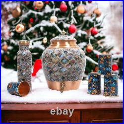 Pure Copper Water Pot/Container Marble Design with 4 Glasses and 1 Copper Bottle