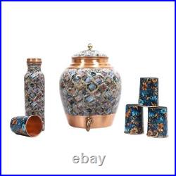 Pure Copper Water Pot/Container Marble Design with 4 Glasses and 1 Copper Bottle