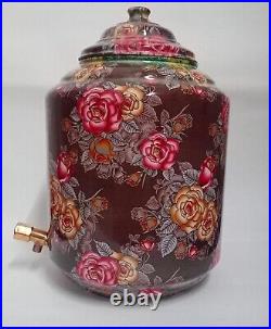 Pure Copper Water Pot (Matka) Dispenser Container Finish Print In Floral Design