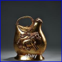 Rare Unearthed Pure Copper High Relief Carved Gilded Horse Pot in Old Tibet